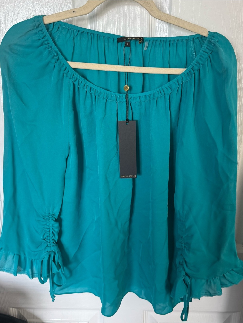 Kobi Halperin Teal Kena 100% Silk Peasant Blouse Size Small Lightweight Flowy